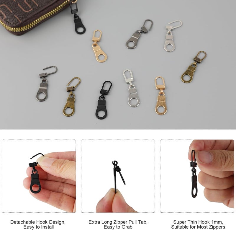 FENGWANGLI Zipper Pull Replacement for Small Holes, 10 Pieces Detachable Thin Zipper Replacement Slider for Luggage Jackets Backpacks Boots Purse Coat Pants(Silver, Black, Gold, Gun Black) - Image 3